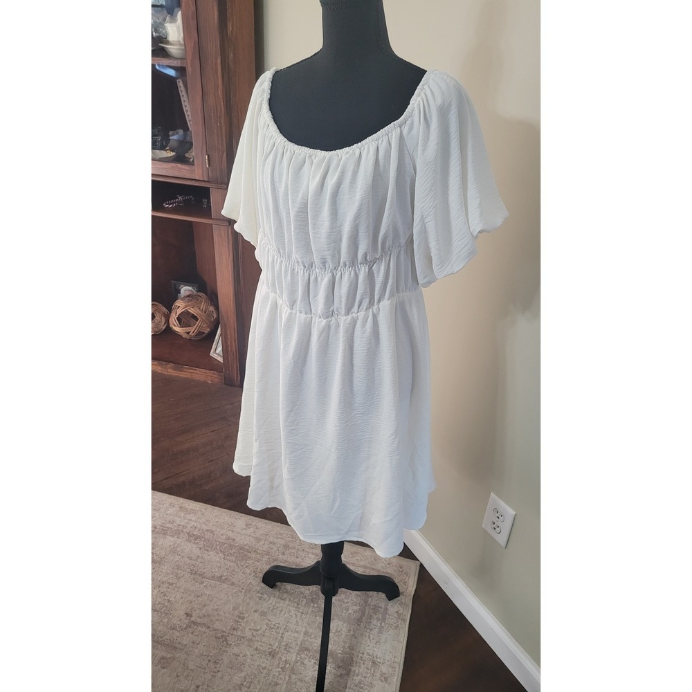 Dokotoo White Smocked Waist Puff Sleeve Off Shoulder Mini Dress Womens